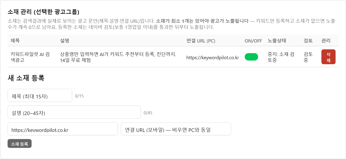 키워드파일럿 소재 관리 카드