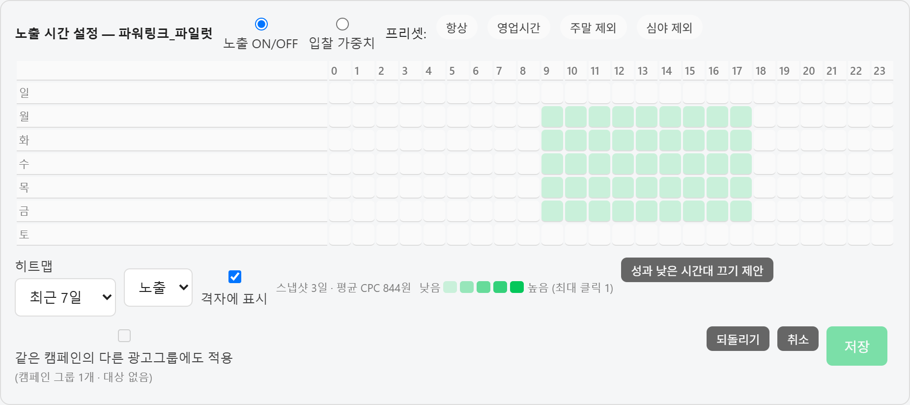 키워드파일럿 노출 시간 설정 패널